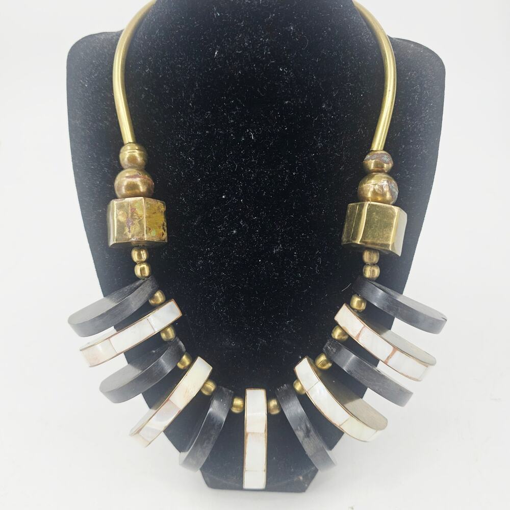 Vintage Chunky Boho Modernist Bib Collar Statement Necklace Brass Separators 20"